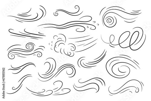 Doodle air wind motions. Isolated vector set of abstract swirls, blow waves, curve spirals in black colors, capturing the dynamic essence of movement and energy in a playful and artistic manner photo