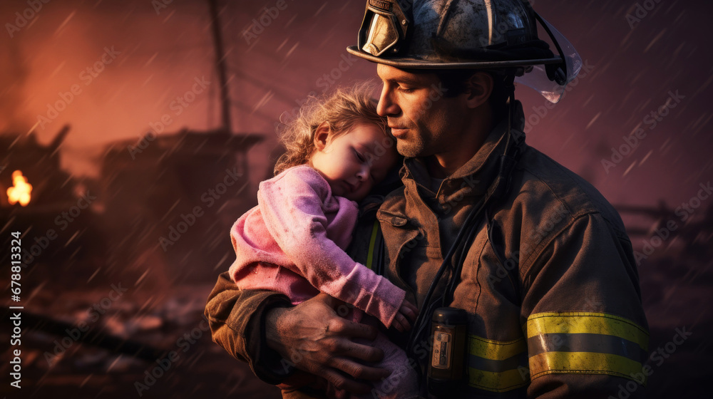 Firefighter in uniform rescue the baby and holding him in hands. Man and child with fire flames in background