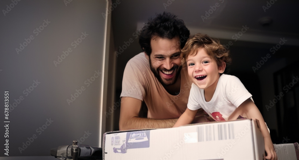 Father, son and playing at home with pretend car in a box on moving day in new property Father, son and playing at home with pretend car in a box on moving day in new property
