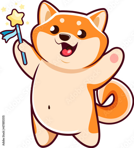 Cartoon dog Shiba Inu character with magic wand  vector kawaii animal pet personage. Kid cute happy Shiba Inu puppy dog with magic wand and golden star for baby mascot or cute kawaii dog emoji