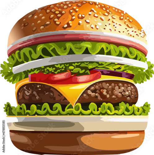 Juicy delicious burger with herbs and cheese. Illustration, png, hamburger, juicy colors, white background