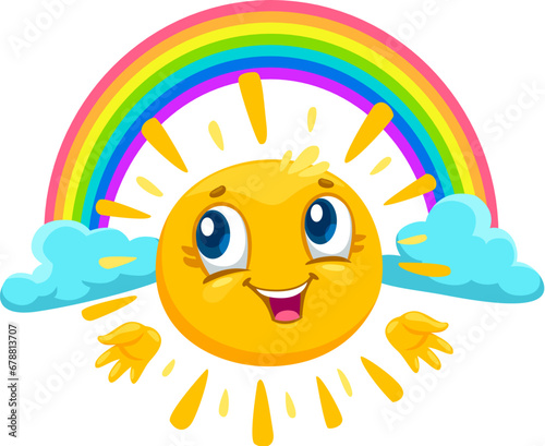 Cartoon summer kawaii sun character with rainbow and clouds. Happy smiling summer sun isolated vector personage. Sunny and hot weather, spring sunshine cheerful character with rainbow on clouds