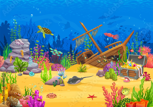 Arcade game level background. Cartoon underwater landscape with sunken ship and sea animals. Vector under water waves, tropical coral reef with fish, squid, crab and seahorse, treasure chest, turtle