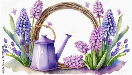 hand painted round frame with hyacinths flowers leaves and watering can spring rustic watercolor illustration in violet shades horticulture hobby can be used for a poster wedding desings photo