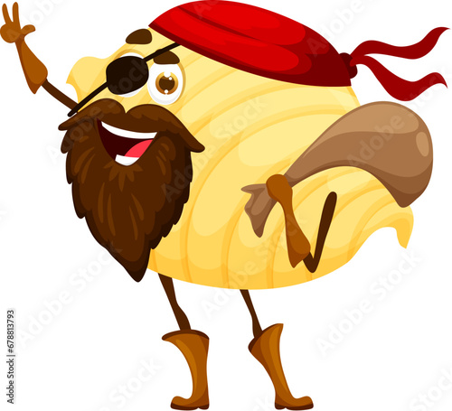 Cartoon conchiglioni Italian pasta pirate character. Pasta bearded filibuster personage with treasure sack. Italy cuisine noodle corsair, conchiglioni meal buccaneer isolated vector comical personage