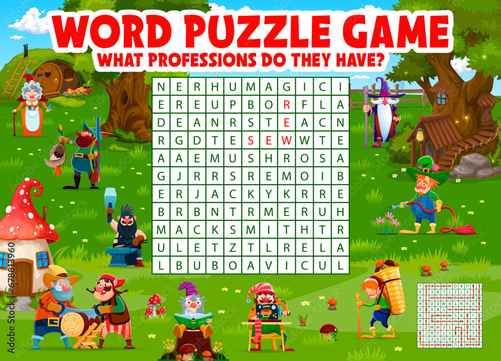 Word search puzzle game. Cartoon fairytale gnomes at village, grid quiz