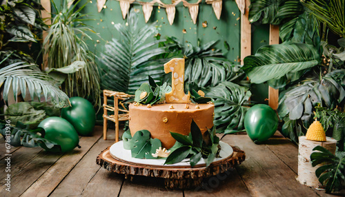 first birthday smashcake photo session of a jungle theme in a photo studio