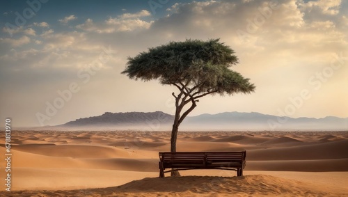 A bench and a tree in an isolated place in the desert, the concept of solitude
