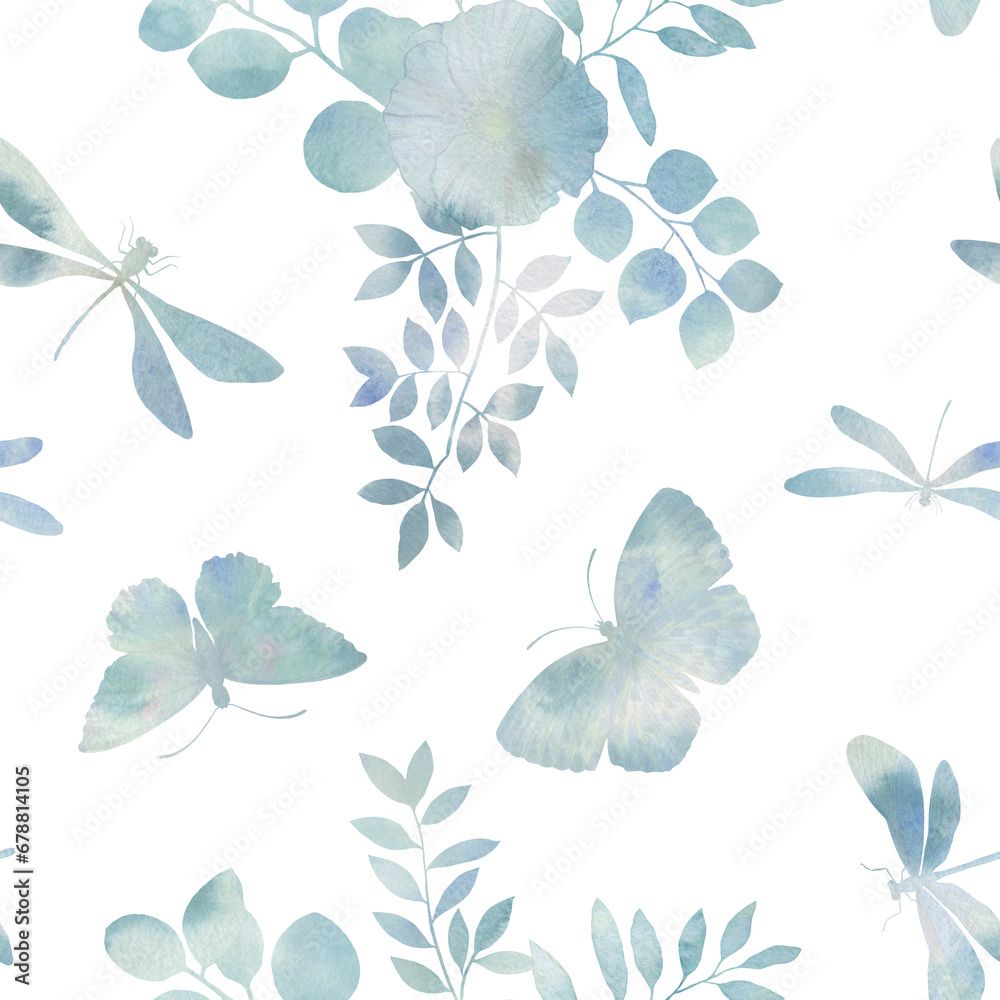 Fototapeta premium delicate watercolor background for design, seamless pattern, butterflies, dragonflies and plants