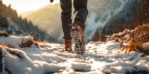 tourist walk through mountainous terrain in winter. tourist's feet in boots. ai generative photo