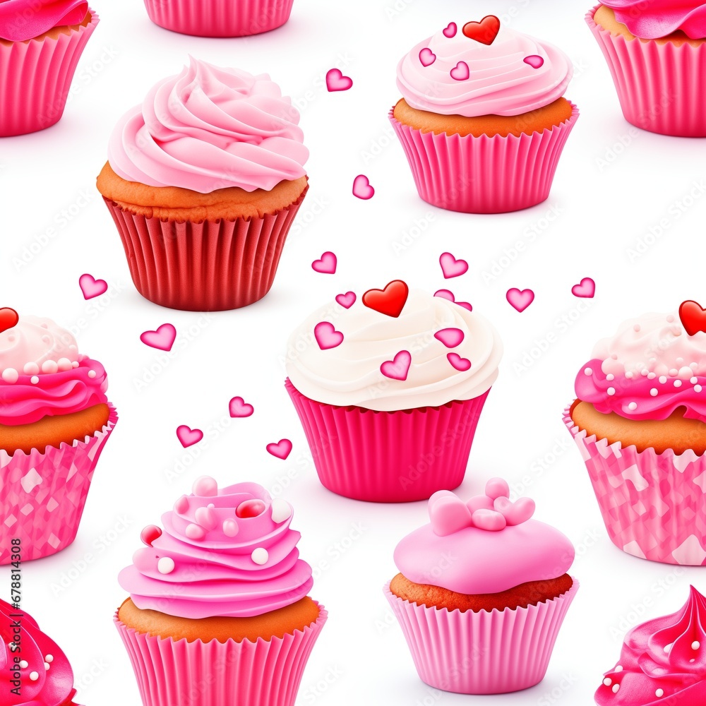 Cute pink cupcakes with cream and hearts, chocolate muffins and different adorable delicious little cakes, cute illustration for children or fabric, seamless tile pattern wallpaper on white background Cute pink cupcakes with cream and hearts, chocolate muffins and different adorable delicious little cakes, cute illustration for children or fabric, seamless tile pattern wallpaper on white background