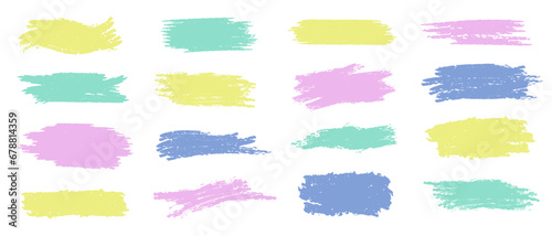 Set of pastel vector textured brush splashes. Detailed green, pink, blue and yellow blots, ink smears, paint smudges, pencil stains as text boxes. Template of freehand paintbrush strokes