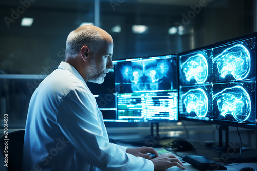 A neurologist examines brain images on a monitor in a hospital. ai generative photo