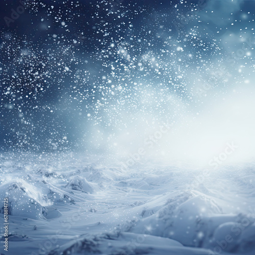 Beautiful ultrawide background image of light snowfall falling over of snowdrifts 