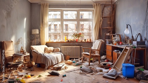 The interior of the room with a mess of furniture and things before the repair work. photo