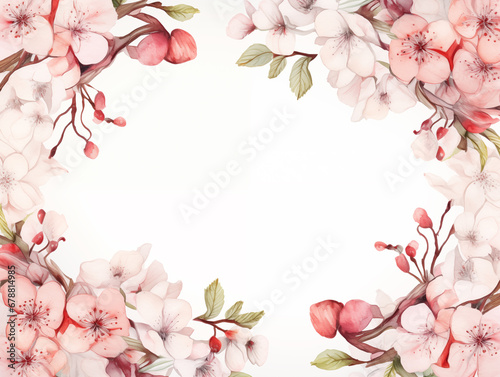 Watercolor drawing of the square frame of a light magenta Cherry blossom  botanical ornament
