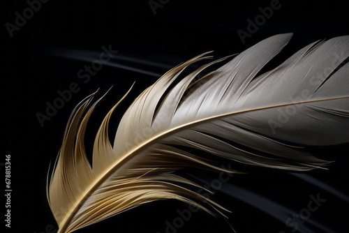 Single feather bathed in warm light, minimalist design with a tranquil feel.
