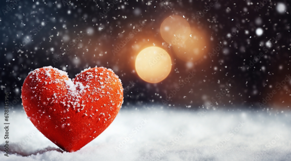 Red heart on the background of snow. Heart in the snow, New Year's mood. Christmas wallpaper. Red heart on the background of snow. Heart in the snow, New Year's mood. Christmas wallpaper.