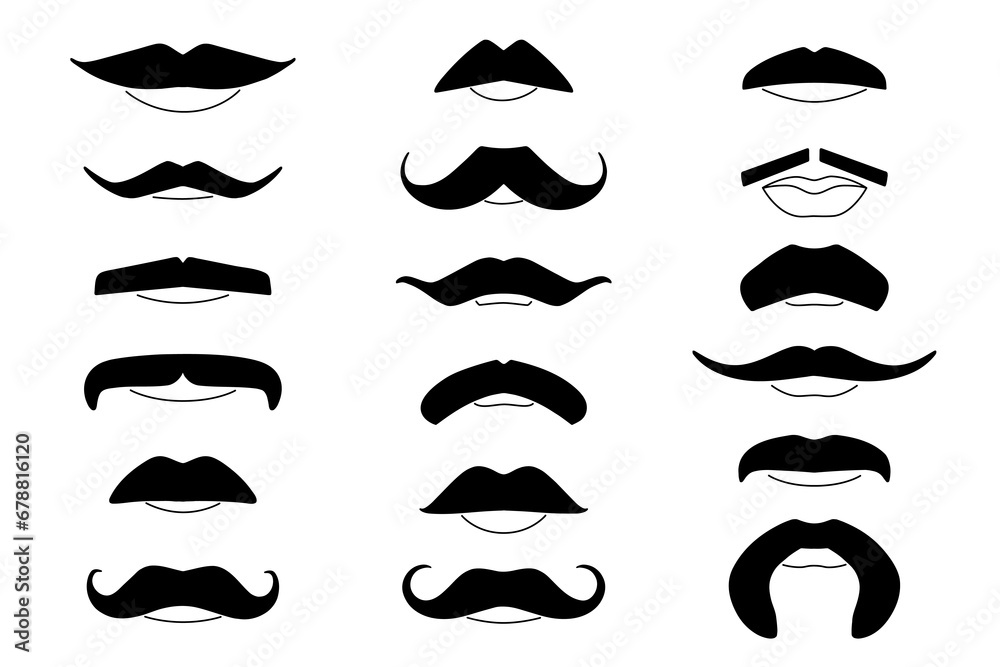 Moustache silhouette shape with lip line set. Various styles mustache. Male symbol. Men's health sign. Vector illustration isolated design elements. Moustache silhouette shape with lip line set. Various styles mustache. Male symbol. Men's health sign. Vector illustration isolated design elements.