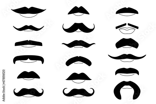 Moustache silhouette shape with lip line set. Various styles mustache. Male symbol. Men's health sign. Vector illustration isolated design elements.