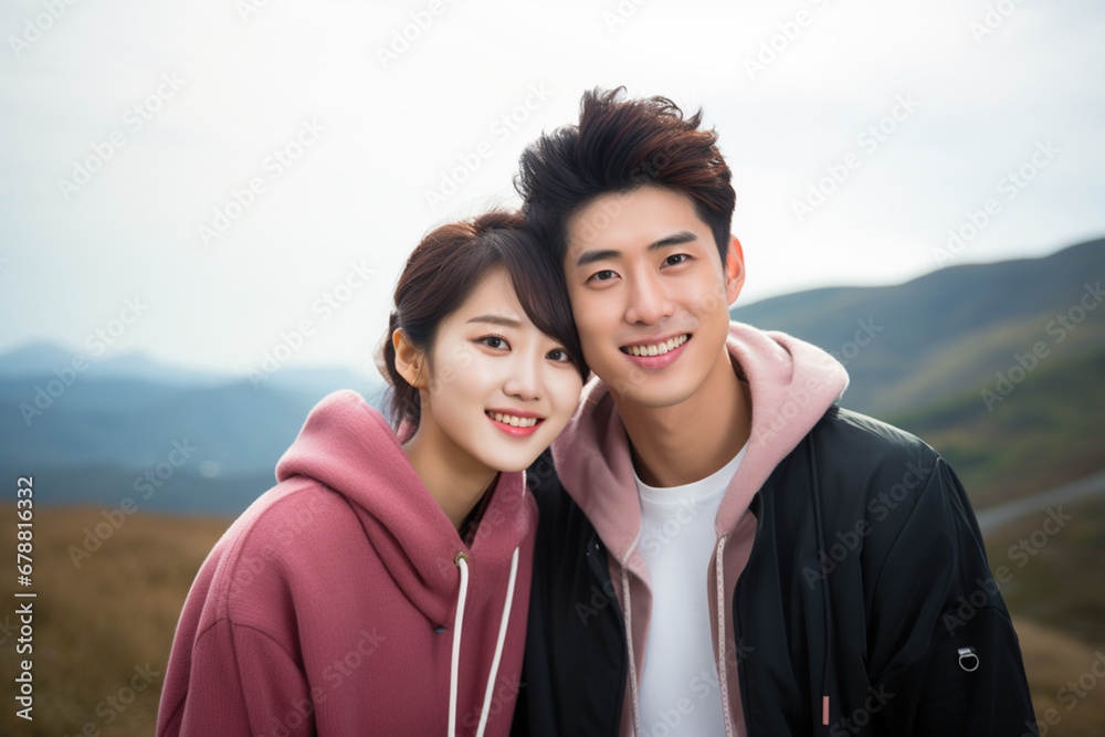Cheerful couple hugging and smiling at camera, close-up portrait of joyful generation Z lovers standing outside in nature mountains, posing together. Happy relationship of Asian Spouses concept Cheerful couple hugging and smiling at camera, close-up portrait of joyful generation Z lovers standing outside in nature mountains, posing together. Happy relationship of Asian Spouses concept