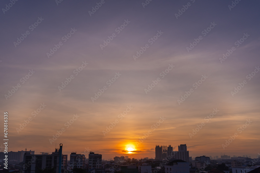 Aerial view of sunrise in Bangkok, Thailand, Dramatic sky.