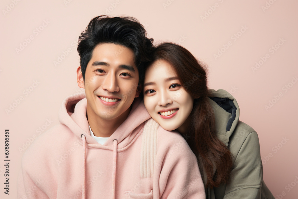 Happy Asian Spouses. Closeup portrait of cheerful couple hugging and smiling at camera, joyful generation Z lovers standing on creamy studio background, posing together. Happy relationship concept