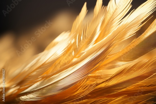 Delicate golden feather close-up with intricate details and soft lighting for a tranquil feel.