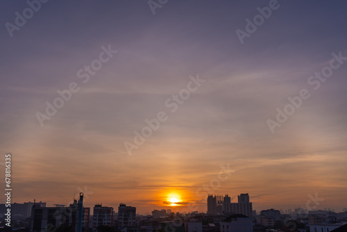 Aerial view of sunrise in Bangkok, Thailand, Dramatic sky.