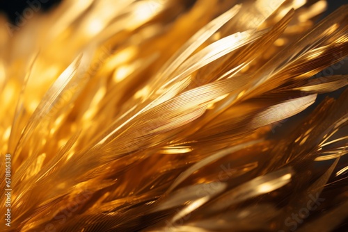 Delicate golden feather close-up with intricate details and soft lighting for a tranquil feel.