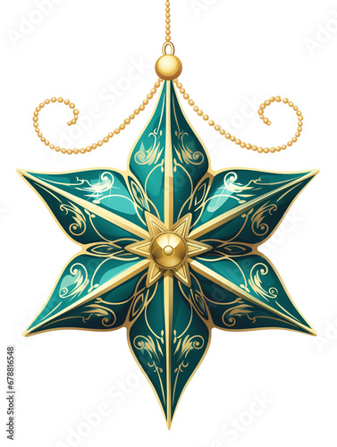 Beautiful golden and turquoise blue Christmas ornament, original shiny xmas decoration in shape of star or flower,  isolated on transparent background, graphic page element to decorate a greeting card photo