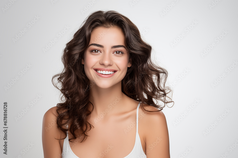 Young adult brunette curly beautiful woman beauty model smiling in front of white background in photo studio. 