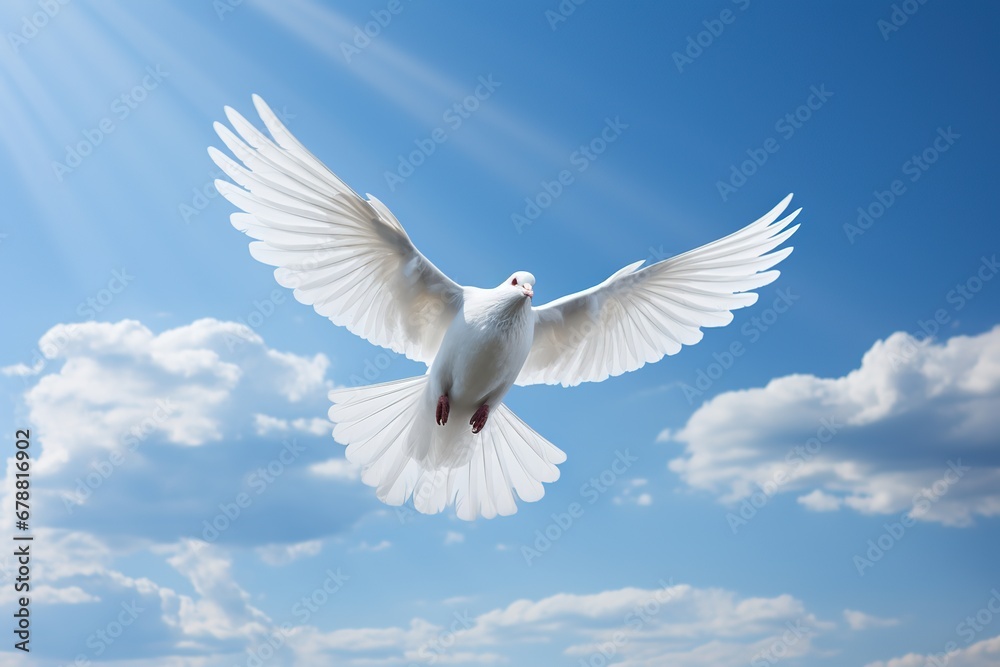 A white dove on a background of a blue sky with white clouds in a sunbeam. The dove is a symbol of the Holy Spirit and peace