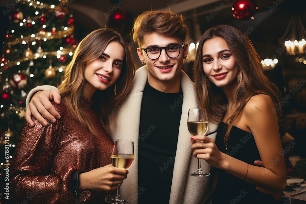 A young man with two attractive girls holding champagne glasses near a Christmas tree