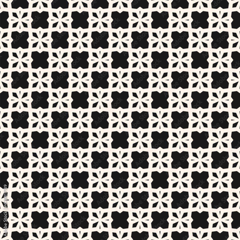 Vector seamless geometric floral pattern with simple grid, lattice, small flower silhouettes. Abstract black and white background Gothic style ornament texture. Elegant repeat design, mosaic floor