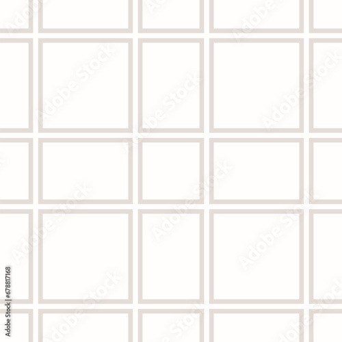 Simple square grid seamless pattern. Abstract minimal beige and white geometric texture. Subtle vector minimalist background with linear lattice, grid, net, mesh, grill. Repeat delicate geo design