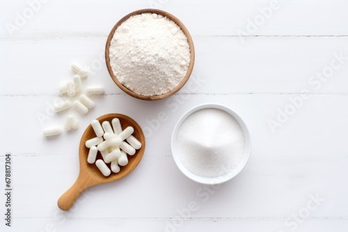 Collagen powder and pills on white background. Top view. AI Generated photo