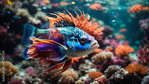 Colorful fish swimming in the depths of the sea on a coral background