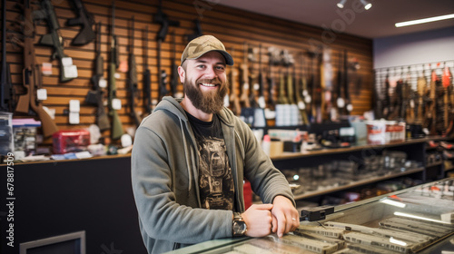 Portrait of smiling bearded adult man salesman of gun shop. photo