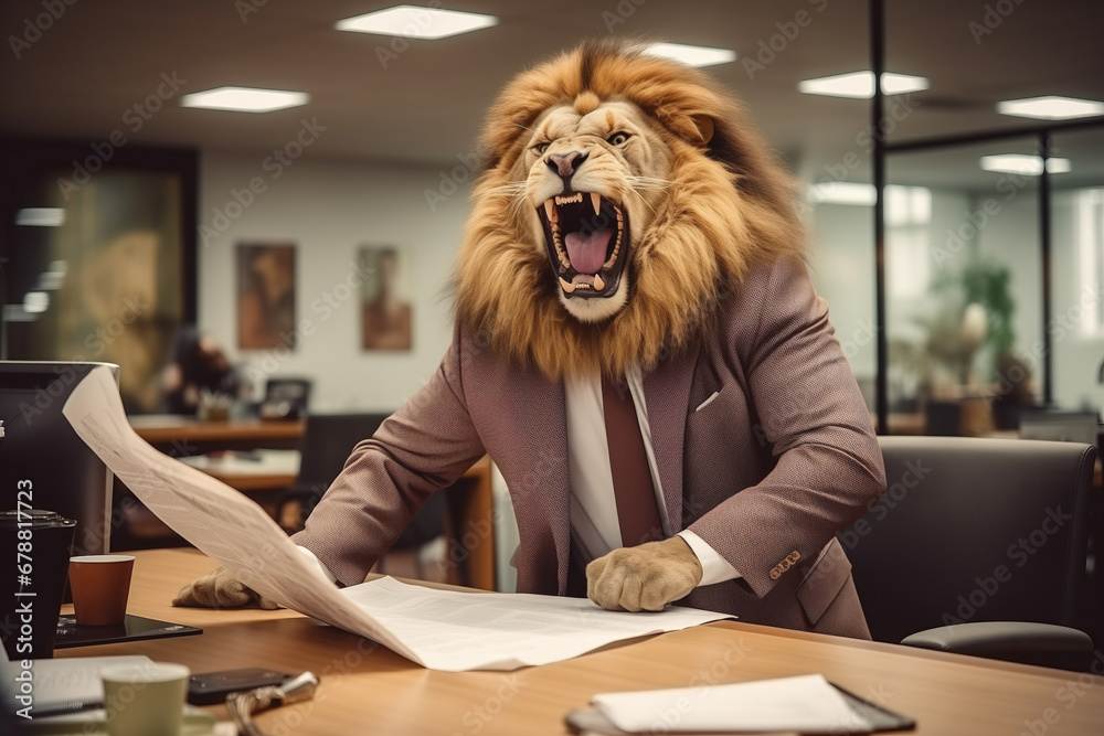 Concept furious lion businessman shouts and growls at meeting at his subordinates, throws paper. Expired contracts, boss beast in meet room. - obrazy, fototapety, plakaty 
