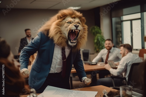 Concept furious lion businessman shouts and growls at meeting at his subordinates, throws paper. Expired contracts, boss beast in meet room.