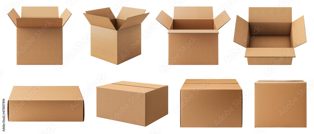 Сollection of cardboard boxes isolated on a transparent background. Mockup. - obrazy, fototapety, plakaty 