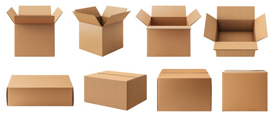 Сollection of cardboard boxes isolated on a transparent background. Mockup.