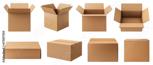 Сollection of cardboard boxes isolated on a transparent background. Mockup. photo