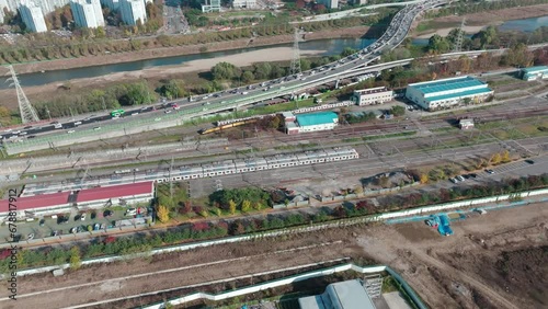 Drone View of Seoul city in South Korea, Suseo Station, Srt, 60fps, Autumn photo