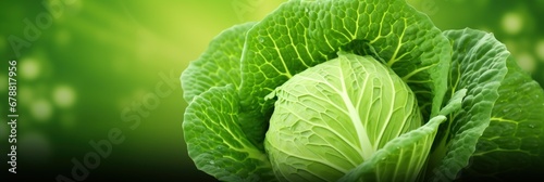 Big fresh cabbage on green background, wide horizontal panoramic banner with copy space, or web site header with empty area for text.