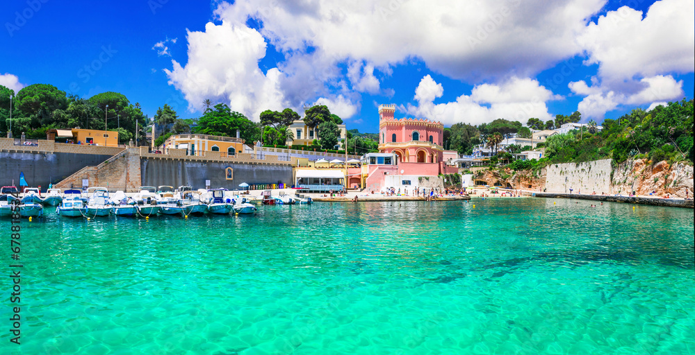 holidays in Puglia, Italy. .Marina Tricase - beautiful fishing village with turquoise clear sea in Puglia - popular place for summer destination