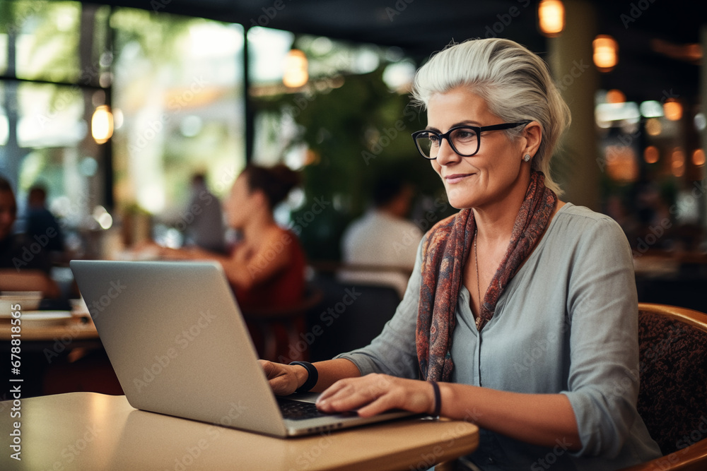 Focused and Productive: Senior Woman Engrossed in Laptop Work at a Café Focused and Productive: Senior Woman Engrossed in Laptop Work at a Café