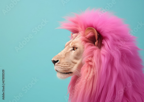 Non-typical portrait of a lion with a pink mane in front of a mint monochromatic background.