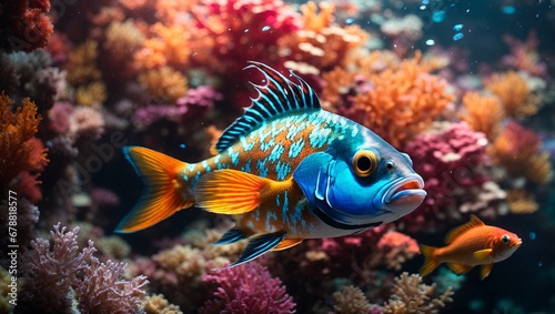 Colorful fish swimming in the depths of the sea on a coral background